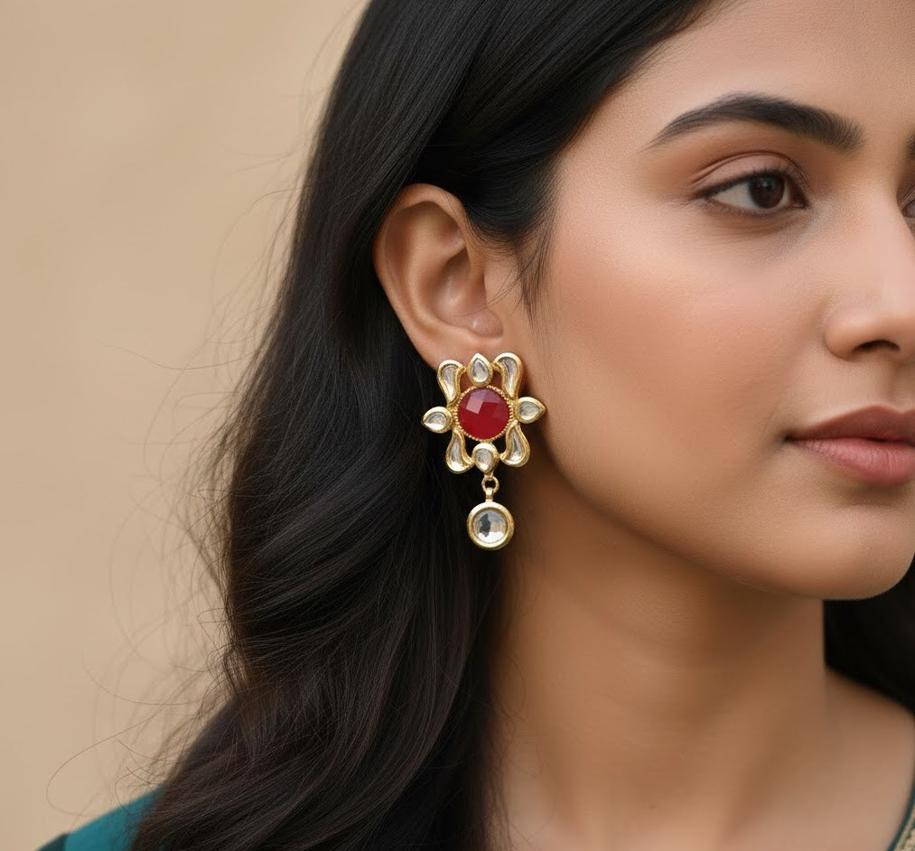 22k Gold Plated Red Stone Kundan Earrings