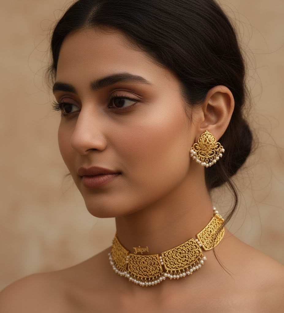 Designer Cutwork Gold Choker Necklace With Earrings