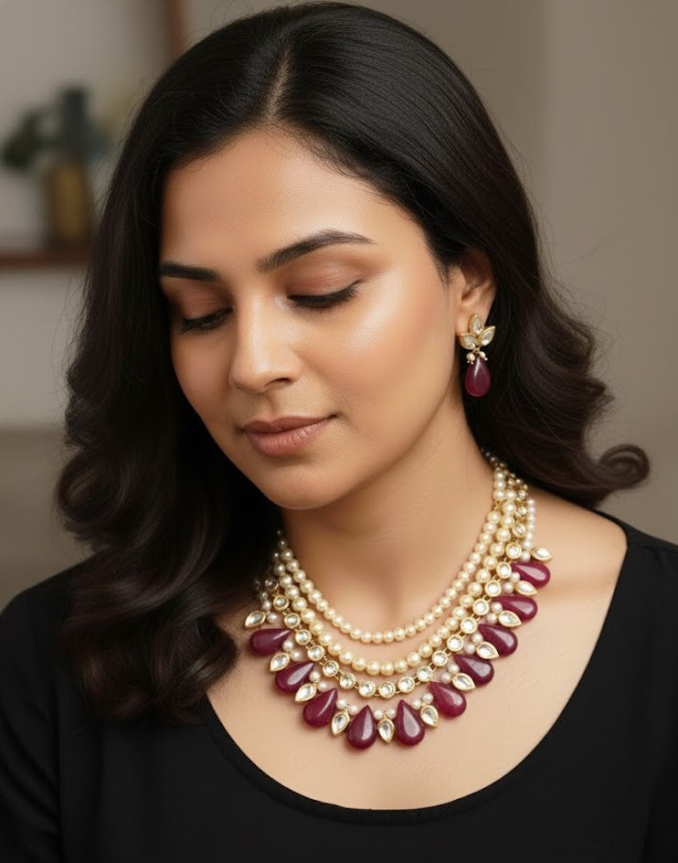 Ruby Beaded Pearl Kundan Necklace Set With Earrings