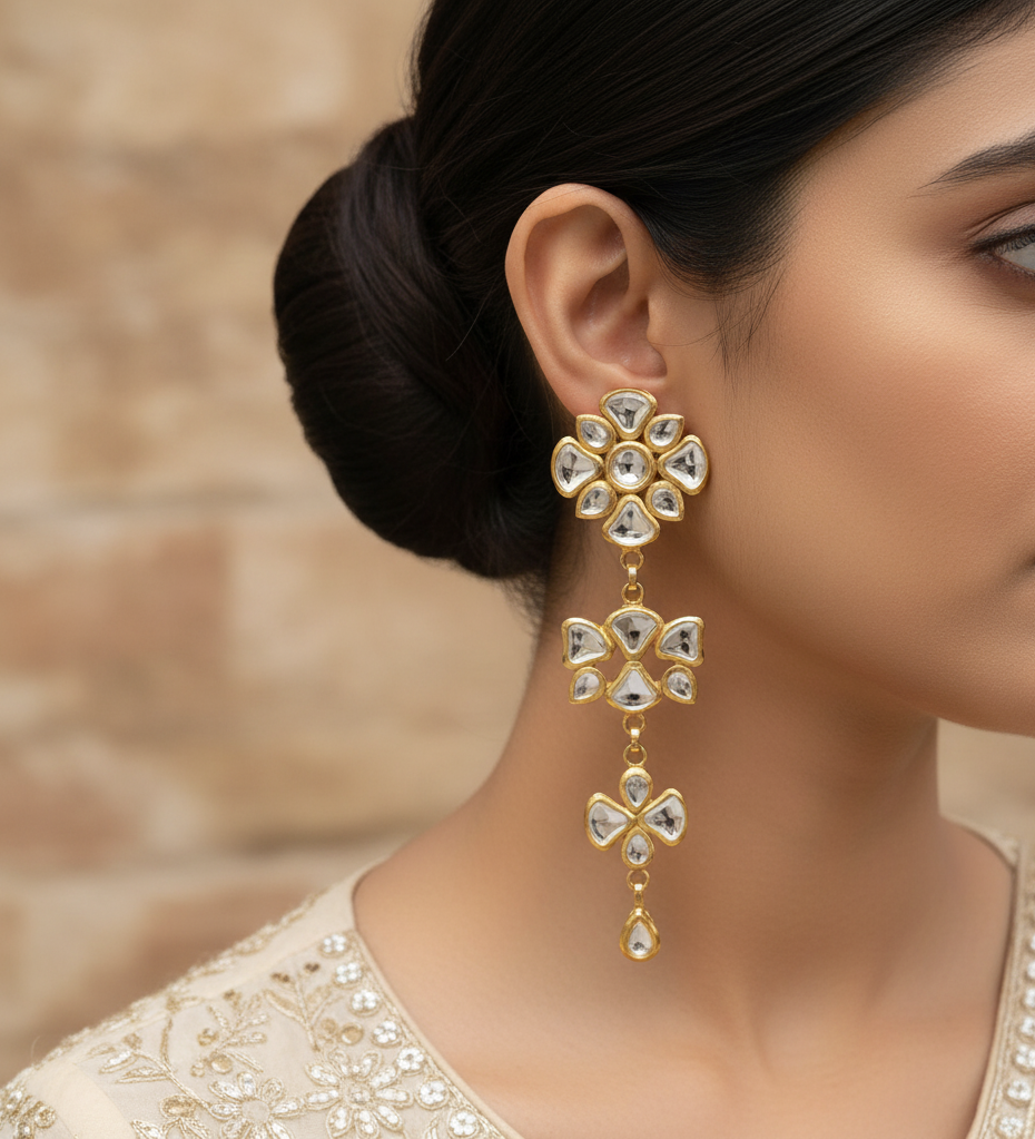 22k Gold Plated Floral Long Kundan Earrings