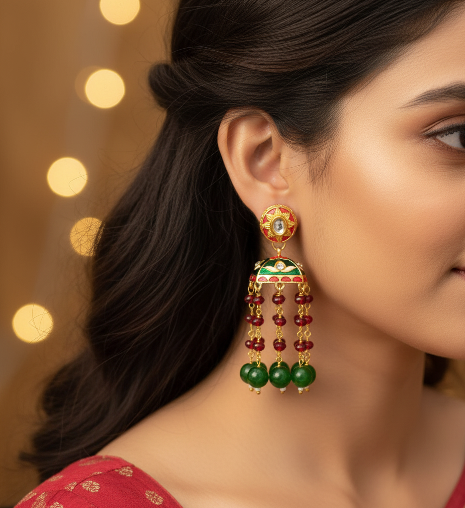 Green Floral Meenakari Jhumki Earrings