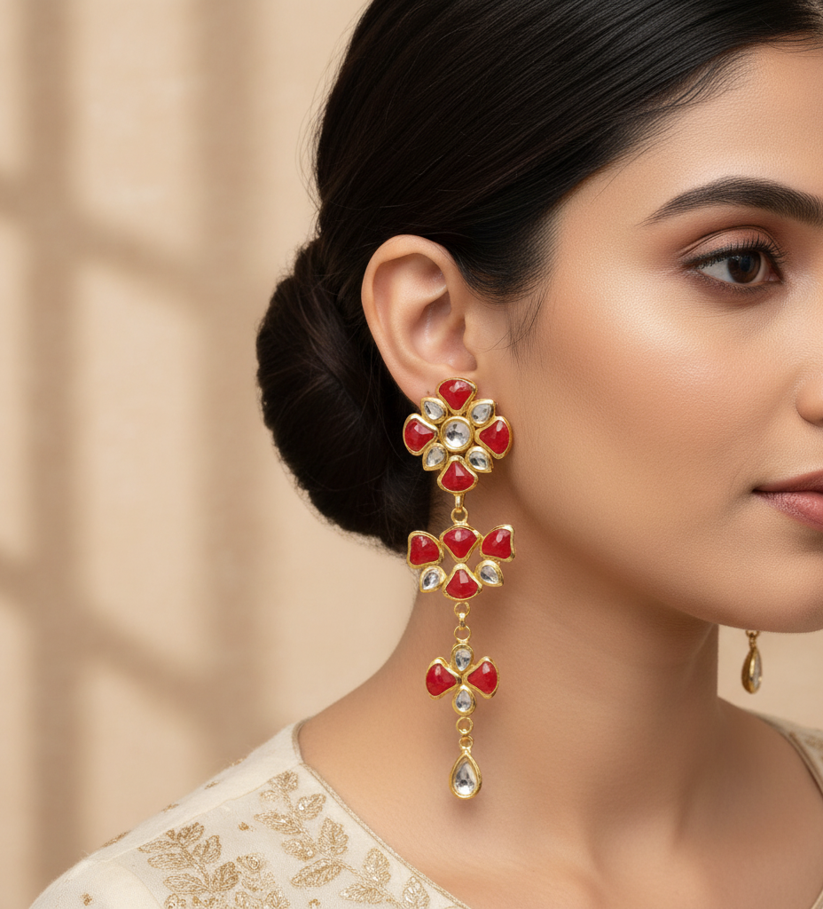 22k Gold Plated Red Kundan Earrings