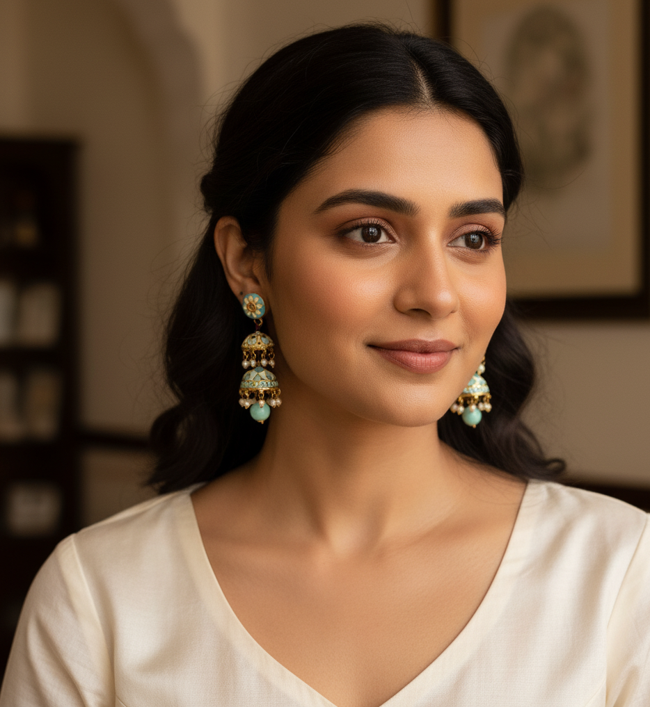 Turquoise Meenakari Layer Jhumki Earrings
