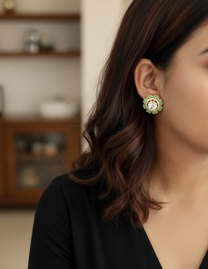 Mint Floral Meenakari Kundan Polki Earrings