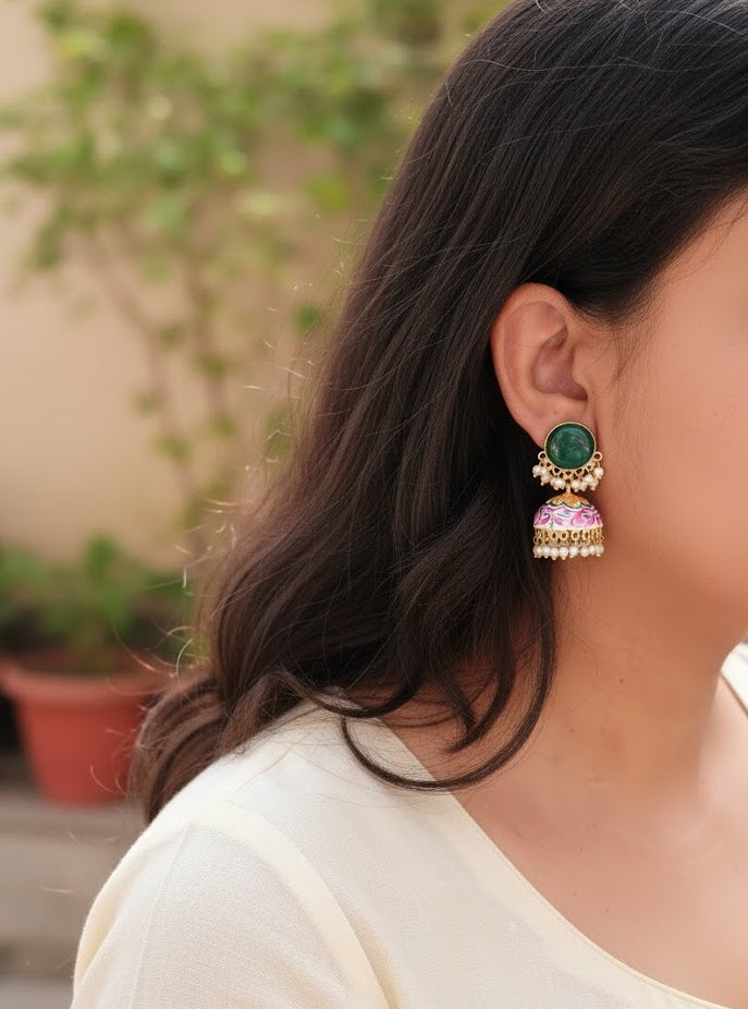 Green Stone White Handpainted Jhumki Earrings