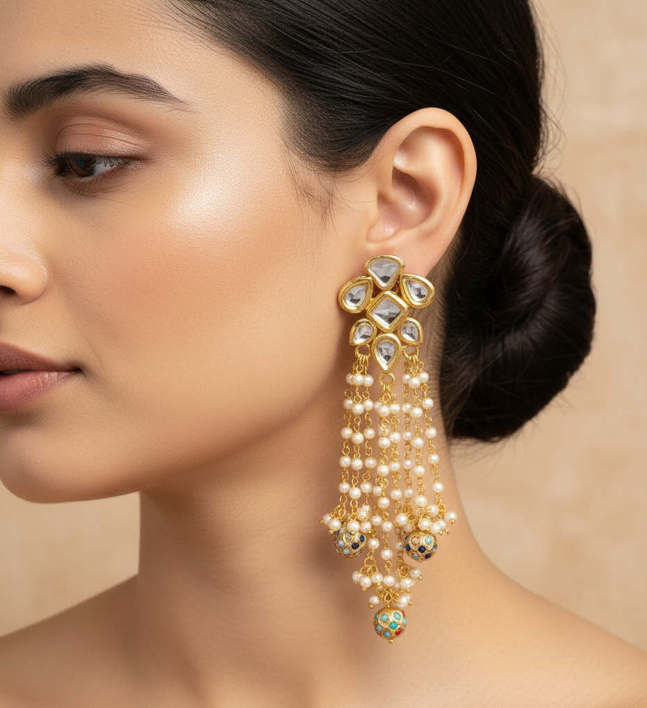 22k Gold Plated Pearl Jadau Kundan Earrings