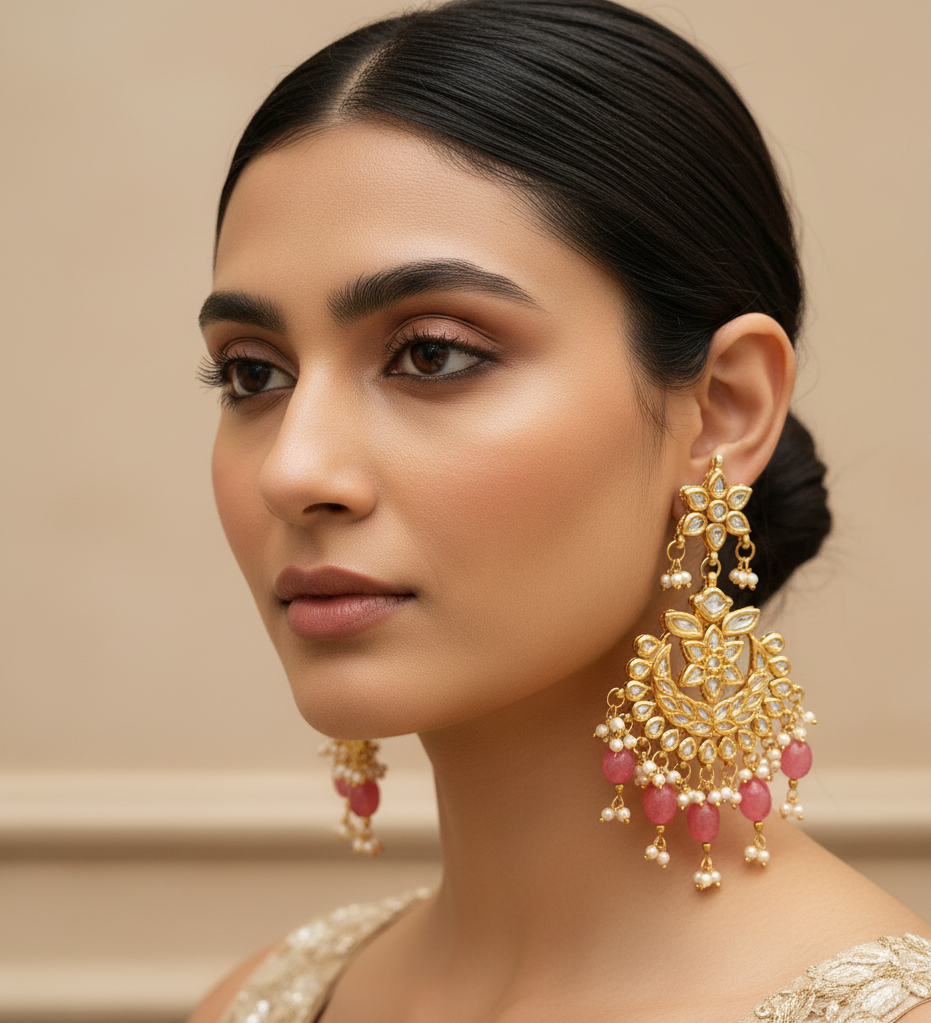 Pink Kundan Chandbali Earrings