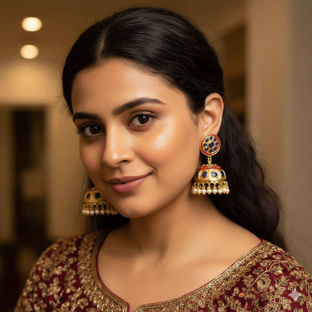 Blue Jadau Jhumki Earrings With Meenakari