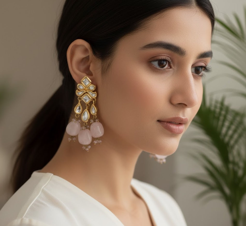 22k Gold Plated Pink Drop Kundan Earrings