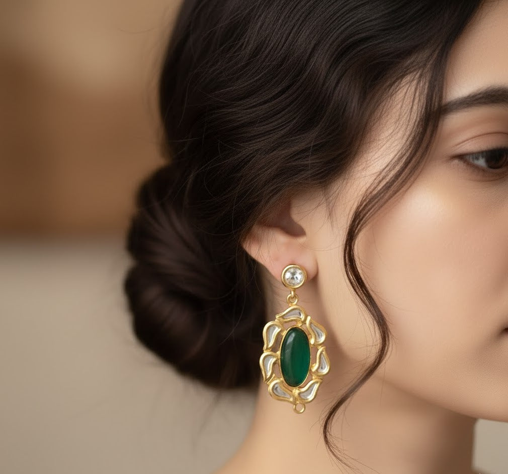 22k Gold Plated Emerald Stone Kundan Earrings