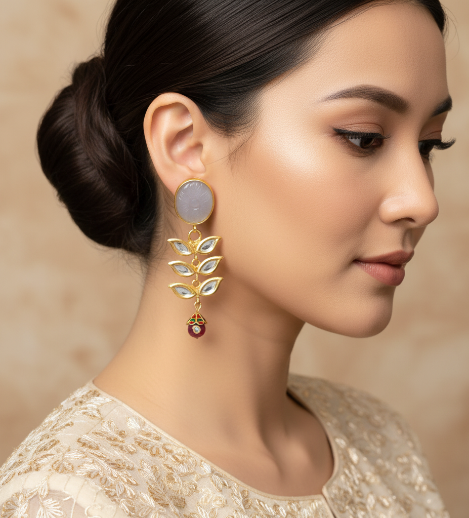 22k Gold Plated Engraved Stone Kundan Earrings