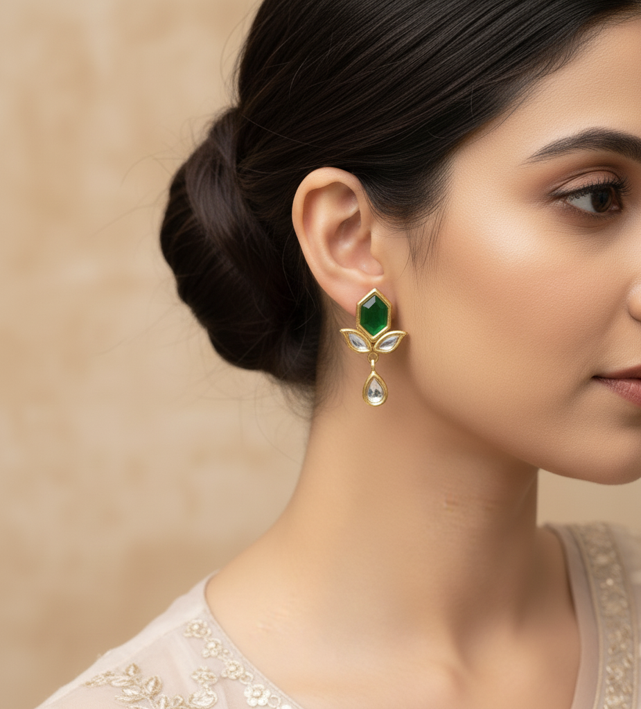 22k Gold Plated Green Leaf Stud Kundan Earrings