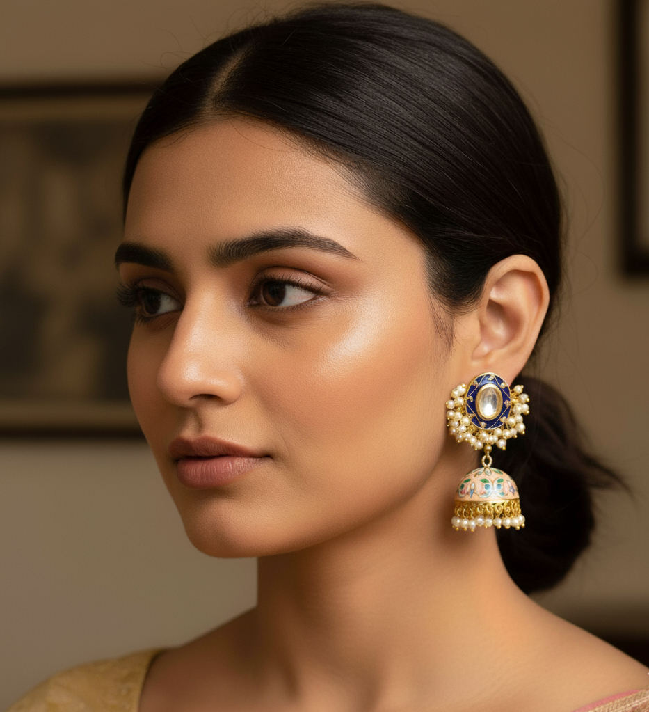 Dark Blue Handpainted Jhumki Kundan Earrings
