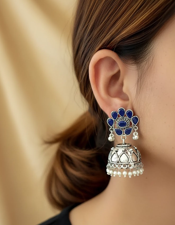 Blue Oxidised Silver Jhumki Earrings