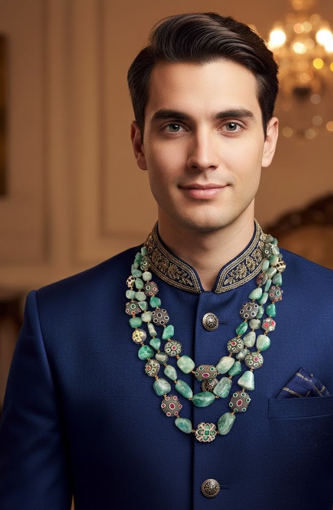 Emerald Semi Precious Stone Anitque Beaded Indian Groom Necklace For Wedding