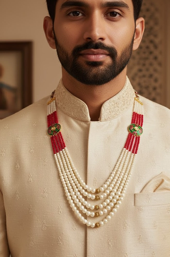 Pearl Groom Necklace With Kundan Meenakari Brooch