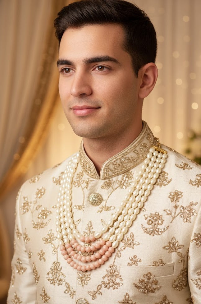 Pearl Beads With Peach Stones Groom Necklace Set