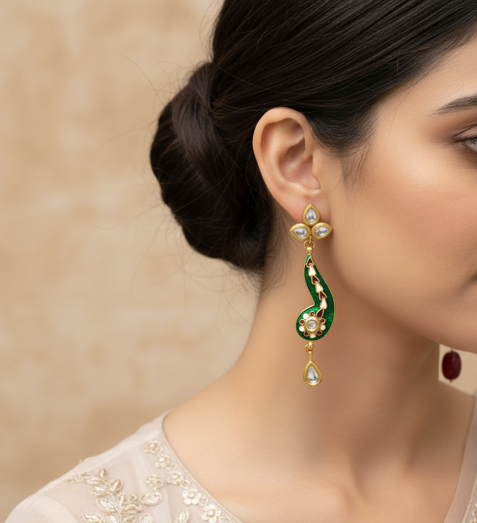 22k Gold Plated Green Meenakari Floral Earrings