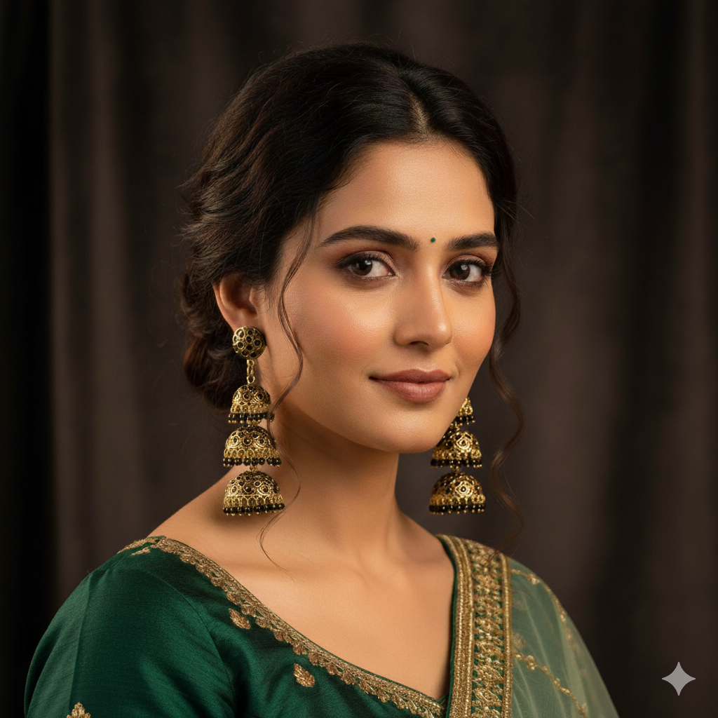 Three Layers Black Jadau Jhumki Earrings