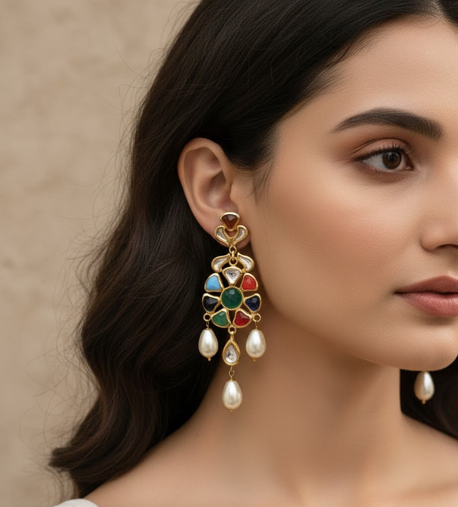 22k Gold Plated Navratan Long Earrings