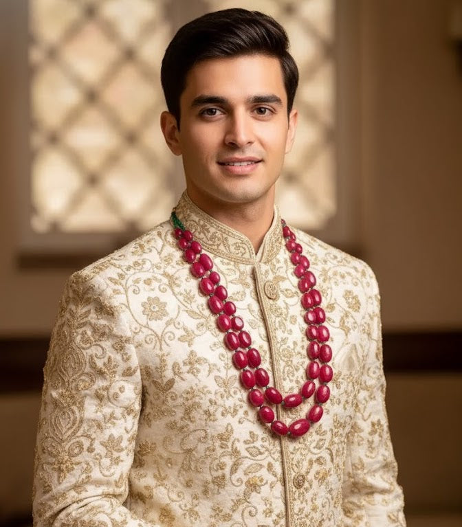 Ruby Color Bead Two Layered Indian Groom Necklace