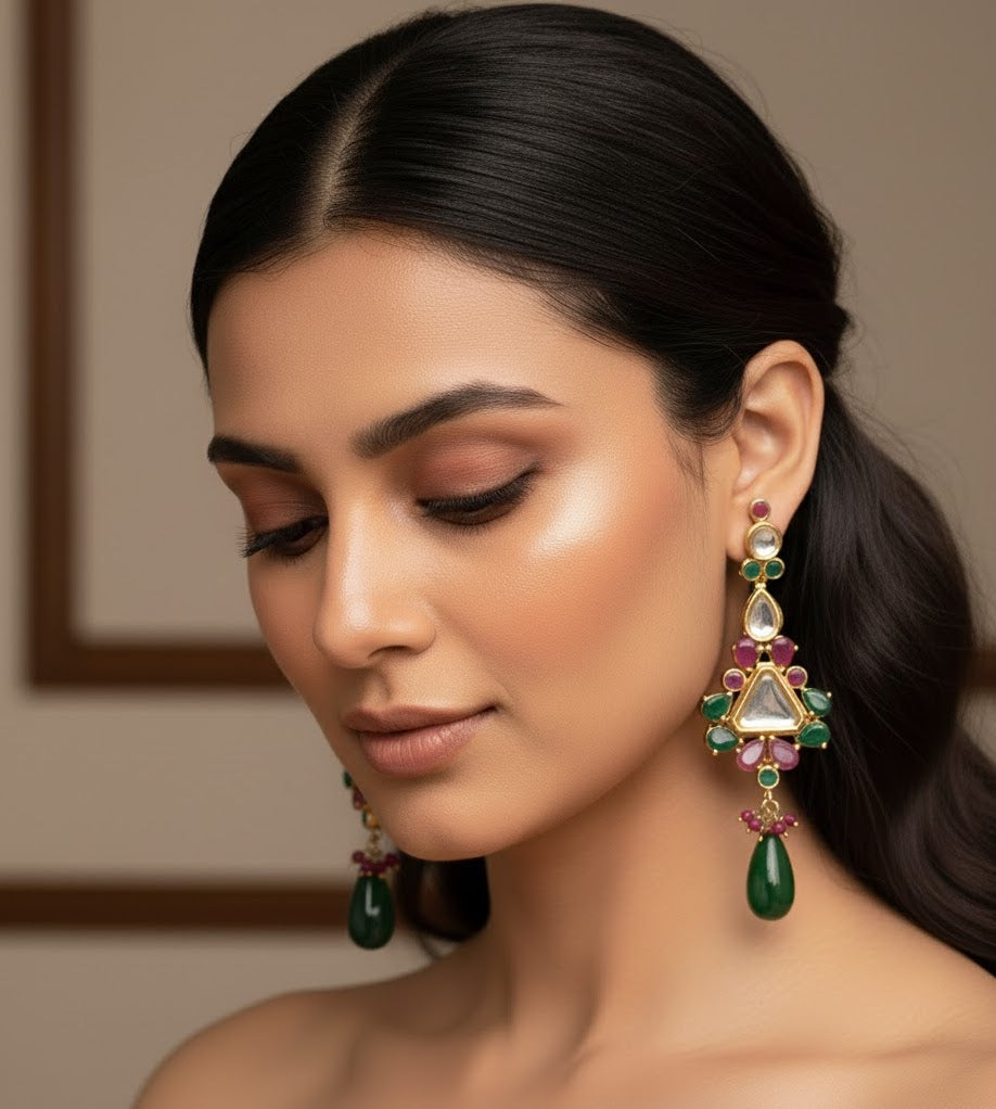 22k Gold Plated Pink Stone Long Kundan Earrings