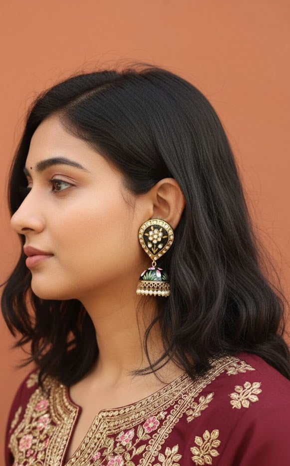 Black Kundan Handpainted Jhumki Earrings