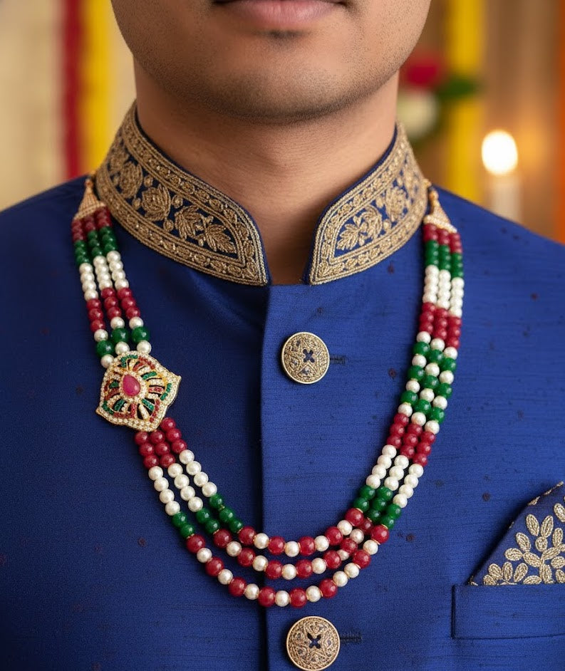 Multicolor Beads With Jadau Brooch Groom Necklace for wedding