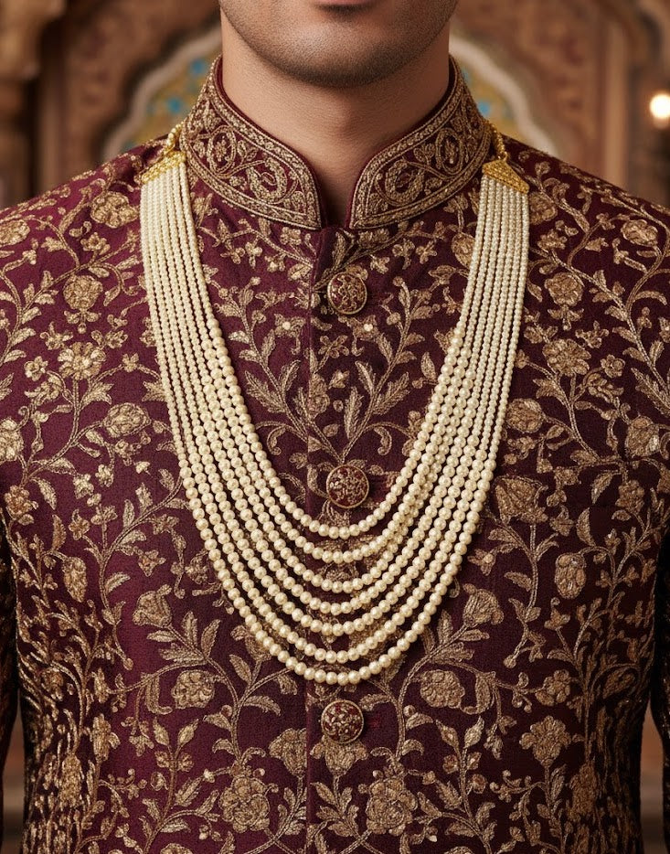 Gold Pearl Beaded Groom Wedding Necklace