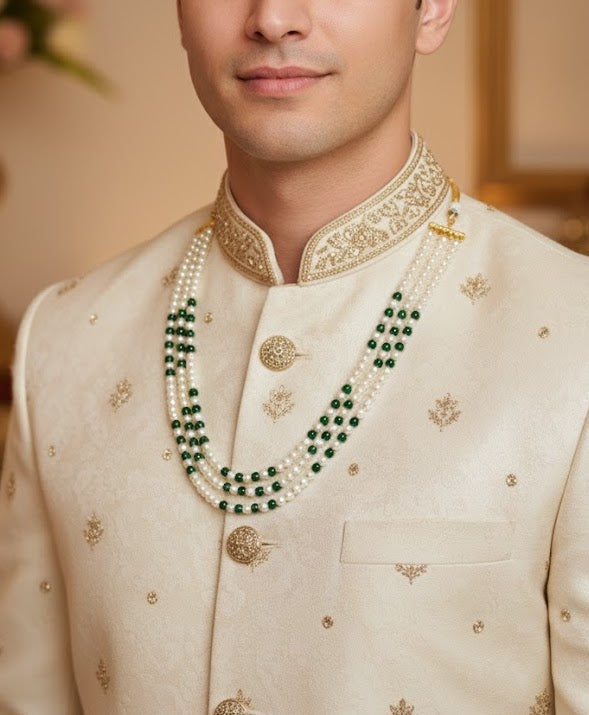 Pearl With Green Stone Groom Necklace For Indian Wedding