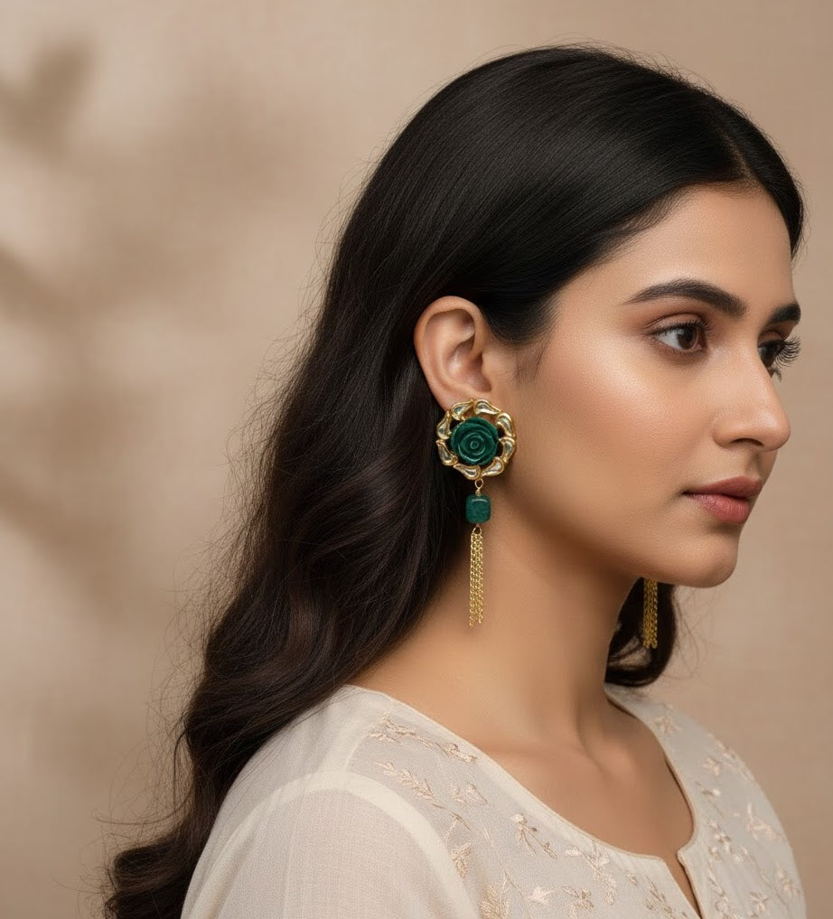22k Gold Plated Green Rose Kundan Tassel Earrings