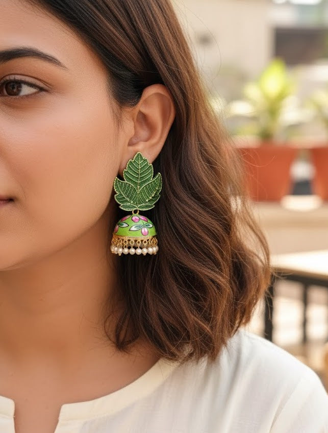 Green Leaf Handpainted Jhumki Earrings