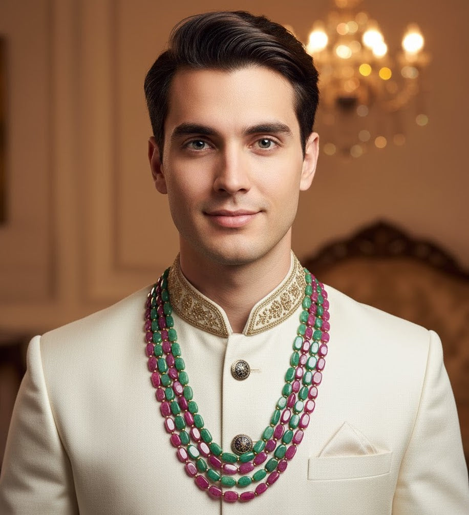 Pink & Emerald Green Beads Multilayered Stone Groom Necklace