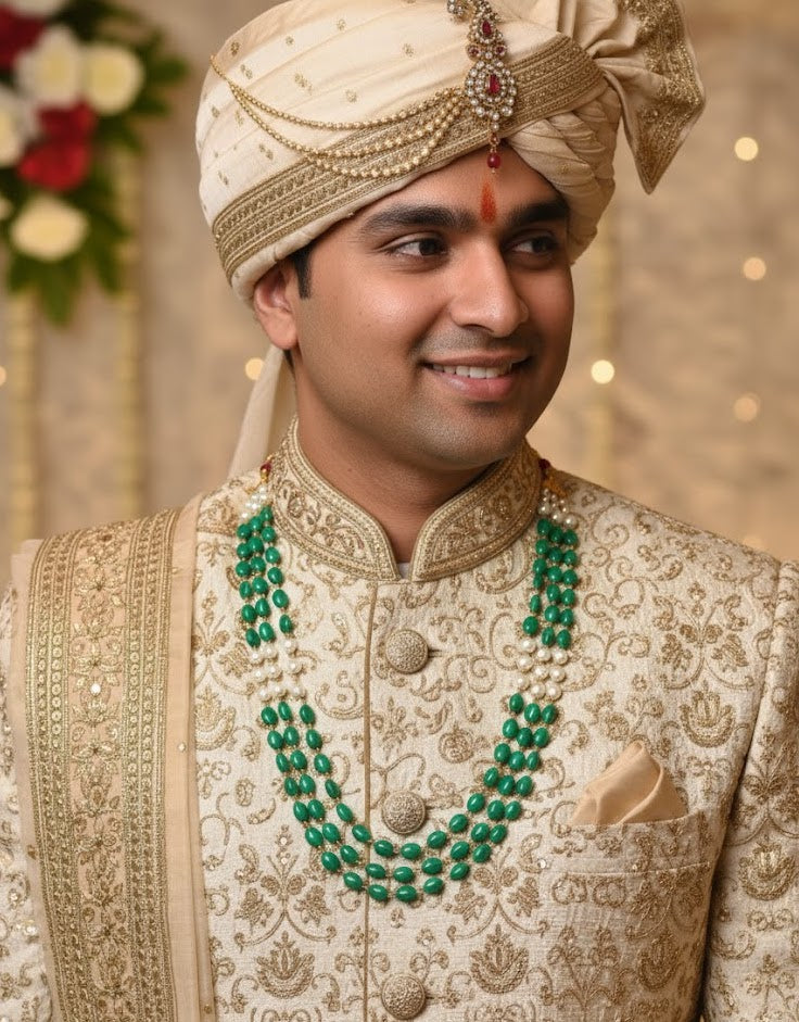 Green Stone With Pearl Layered Groom Necklace Set
