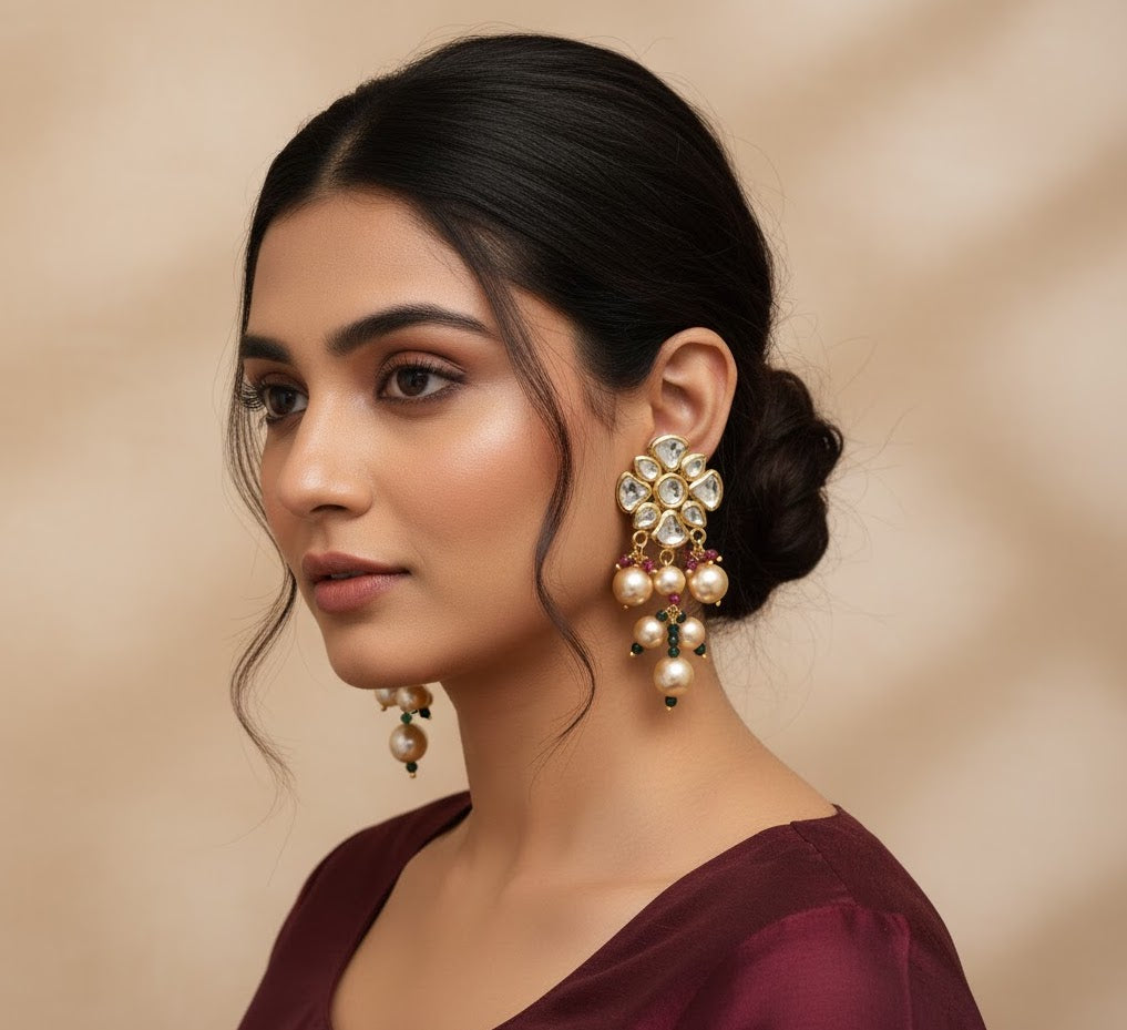 22k Gold Plated Pearl Kundan Earrings