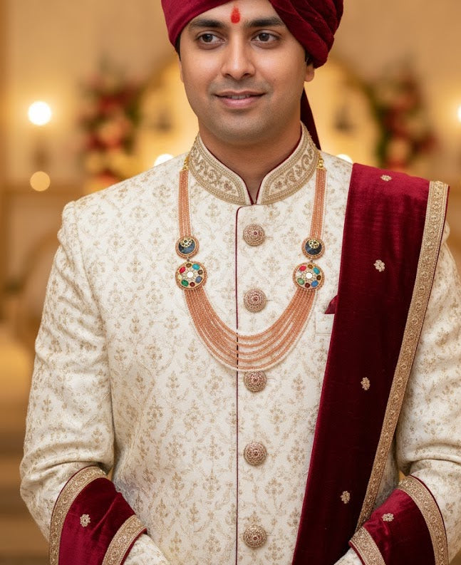 Beige Jadau Indian Groom Necklace