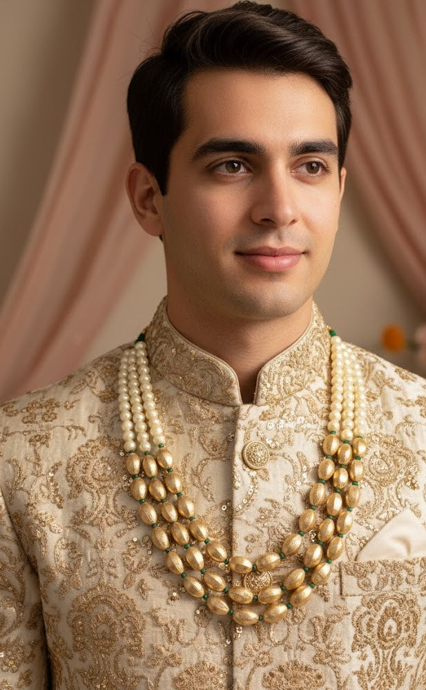Golden Vermeil Beads With Pearl Groom Necklace Set for Wedding