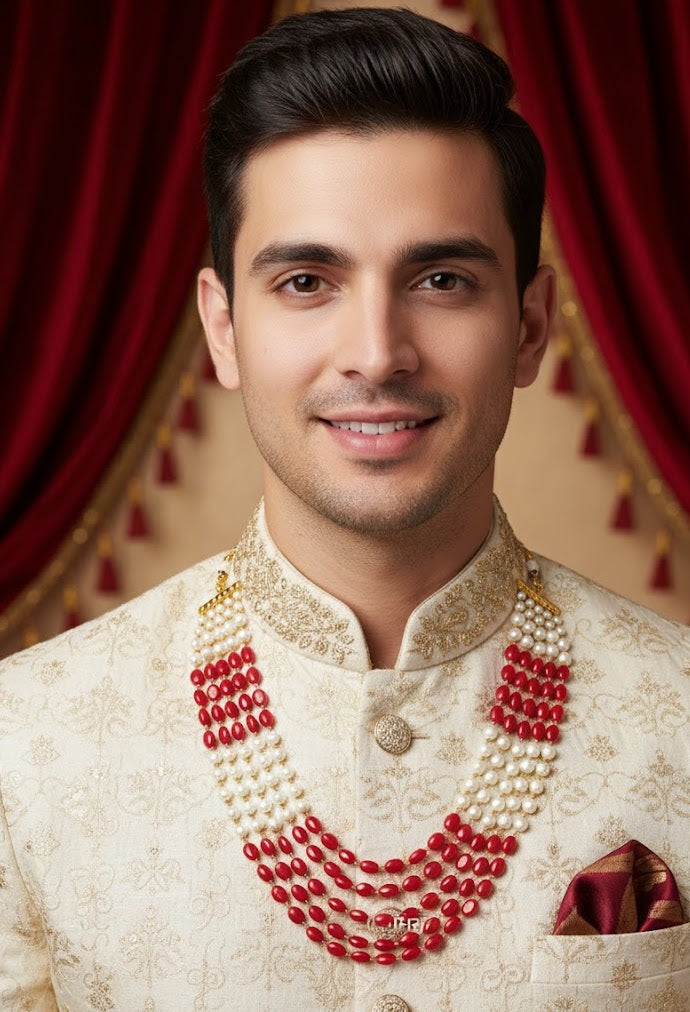 Ruby Red Pearl Five Layered Groom Necklace