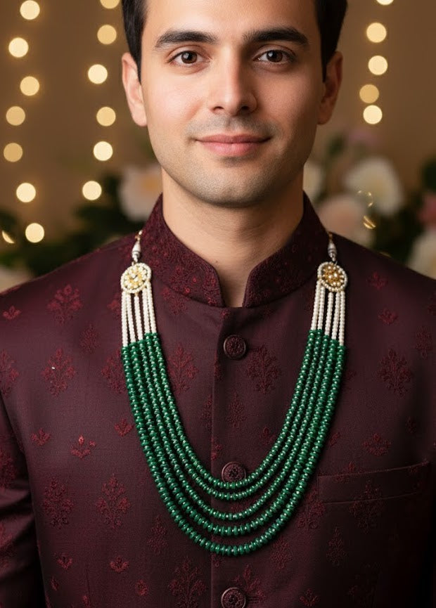 Green Pearl Necklace Set For Groom