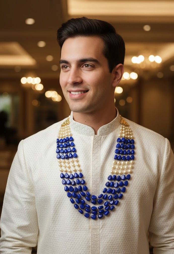 Blue Beaded Pearl Groom Sherwani Necklace