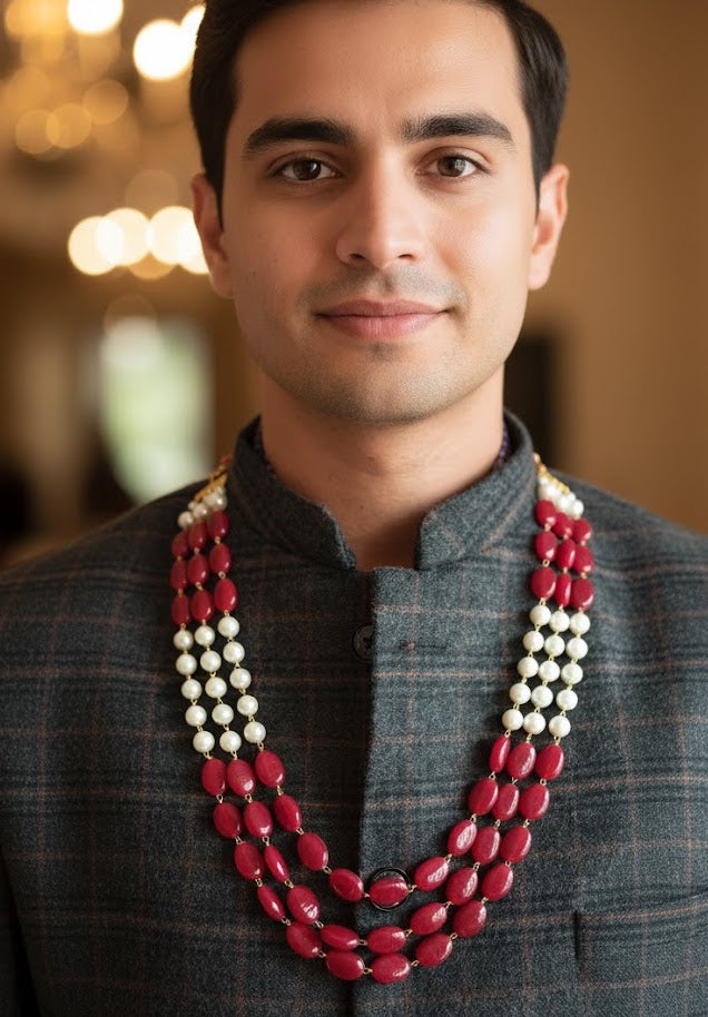 Three Layered Pearl And Red Combo Groom Necklace