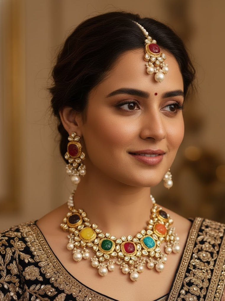 Navratana Stone Kundan Necklace Set With Earrings and Maang Tikka