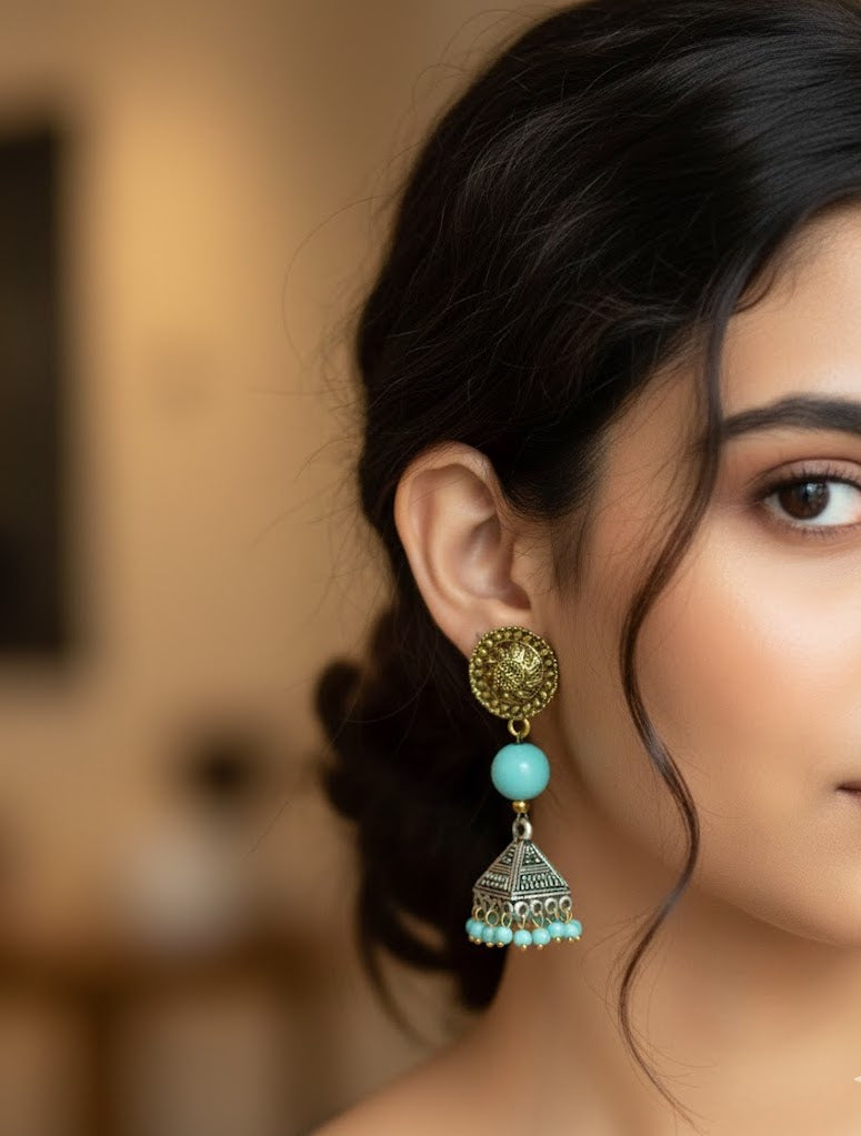 Turquoise Stone Oxidised Jhumki Earrings