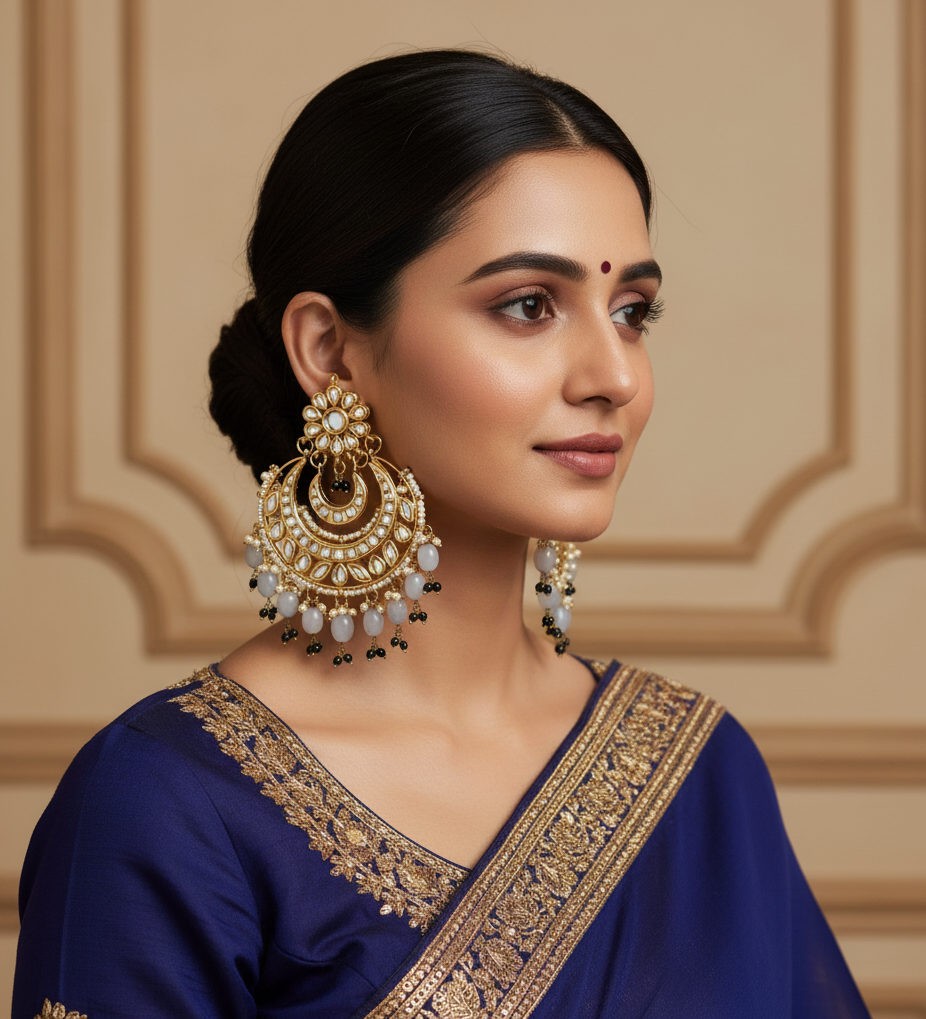 Grey Kundan Chandbali Earrings