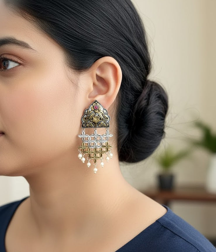 Floral Dual Tone Oxidised Earrings