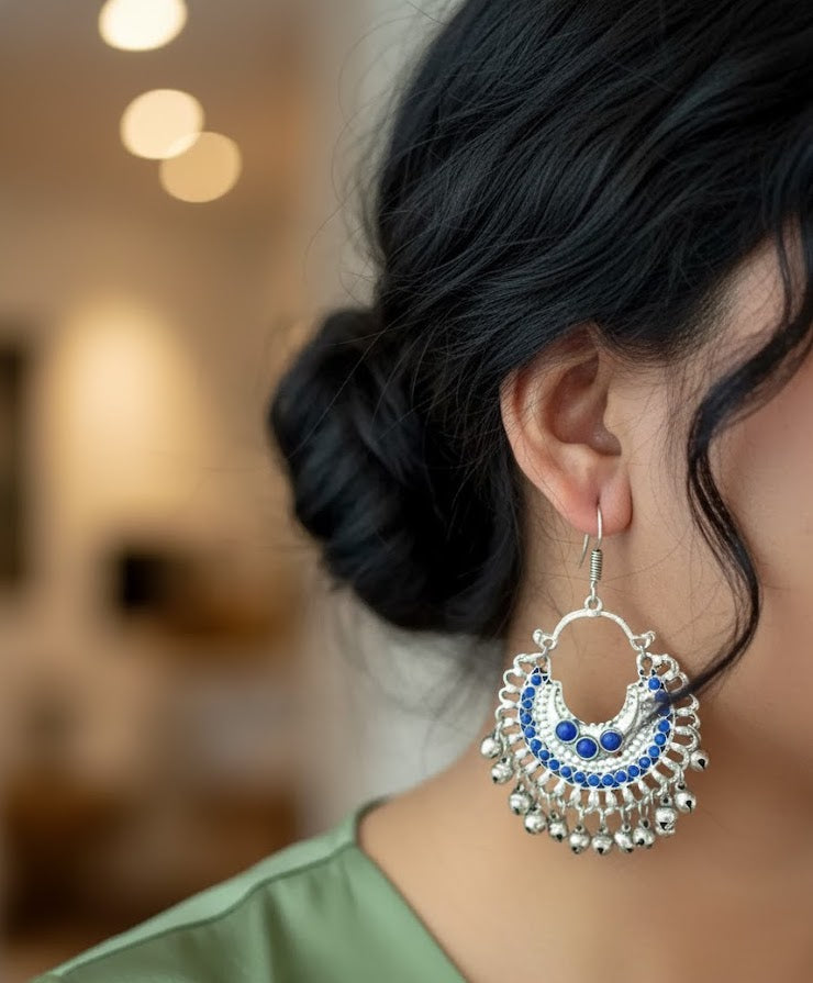 Blue Oxidised Silver Chandbali Earrings