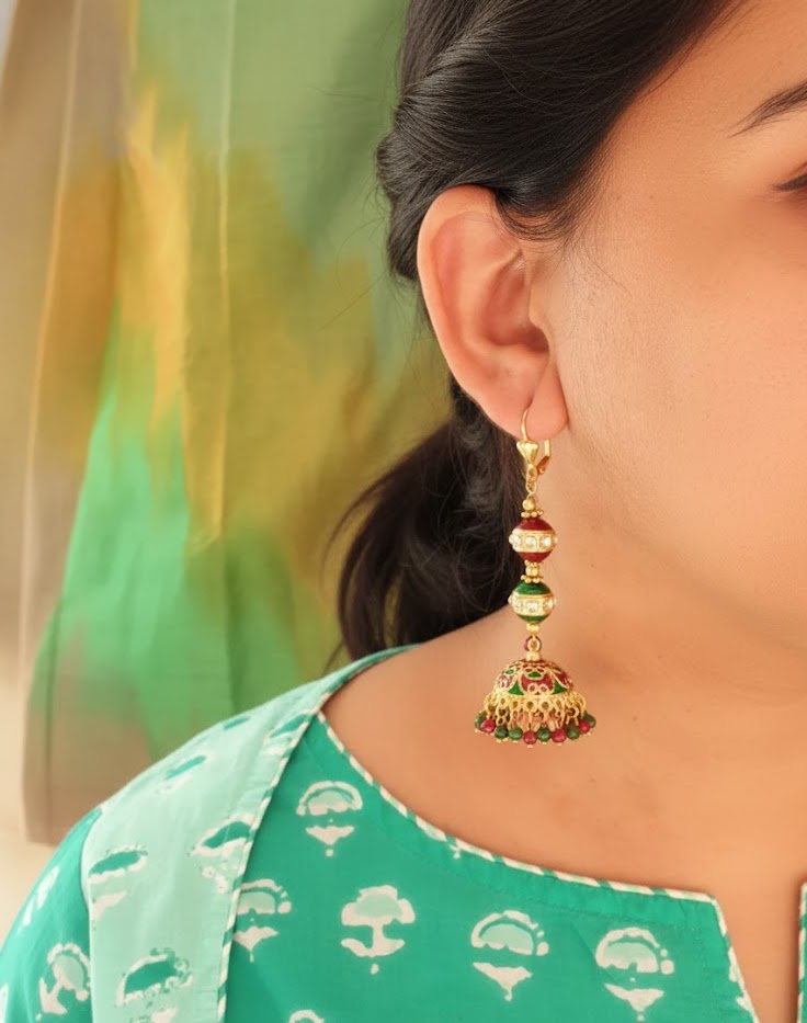 Red Green Long Beaded Gold Jhumki Earrings