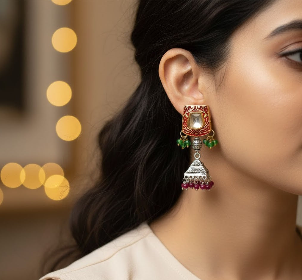 Red Meenakari Oxidised Silver Jhumki Earrings