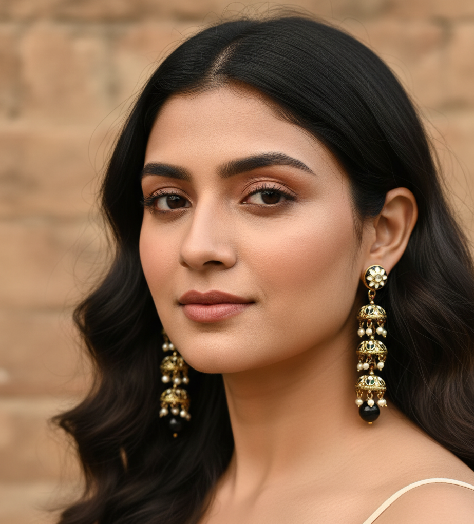 Black Meenakari Layered Jhumki Earrings