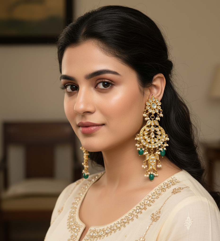 Gold Plated Kundan Chandbali With Green Beads
